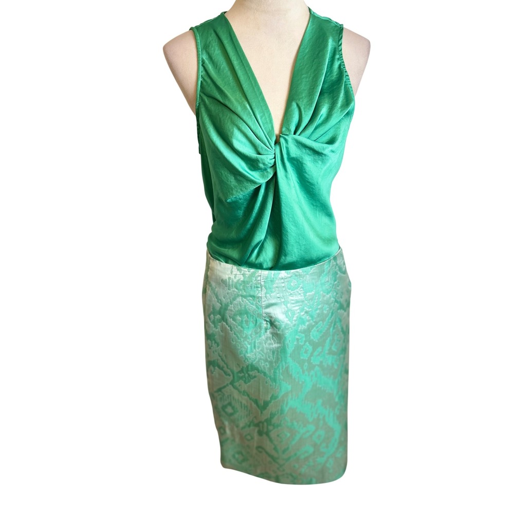 Sunny Leigh Green Satin Twist Front Top and Metallic Brocade Sheath Skirt Set